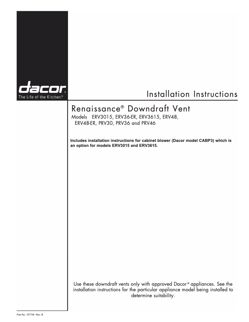 Page 1 de la notice Guide d'installation Dacor MRV3015S