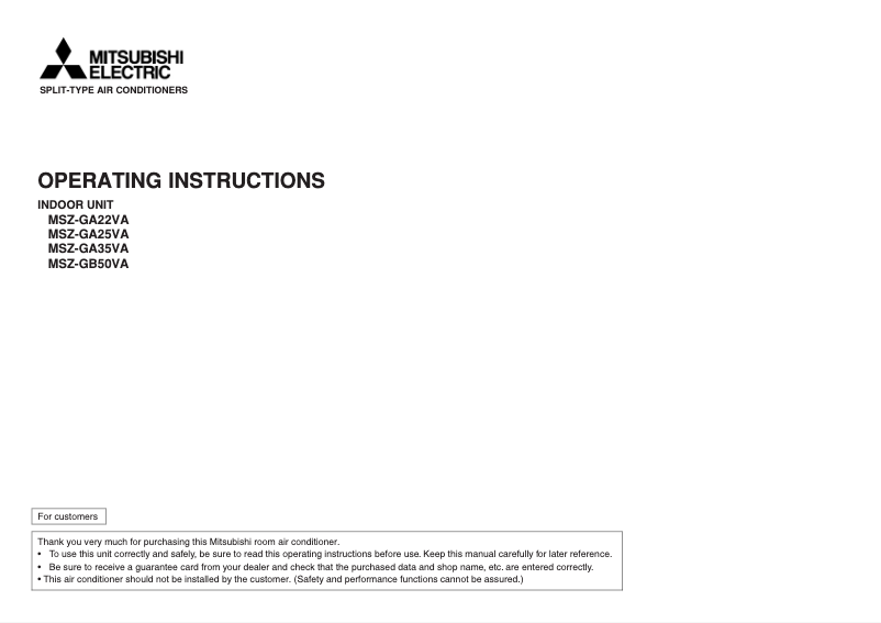 Page 1 de la notice Manuel utilisateur Mitsubishi MSZ-GB50VA