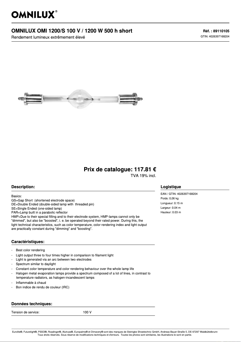 Page 1 de la notice Fiche technique Omnilux OMI 1200