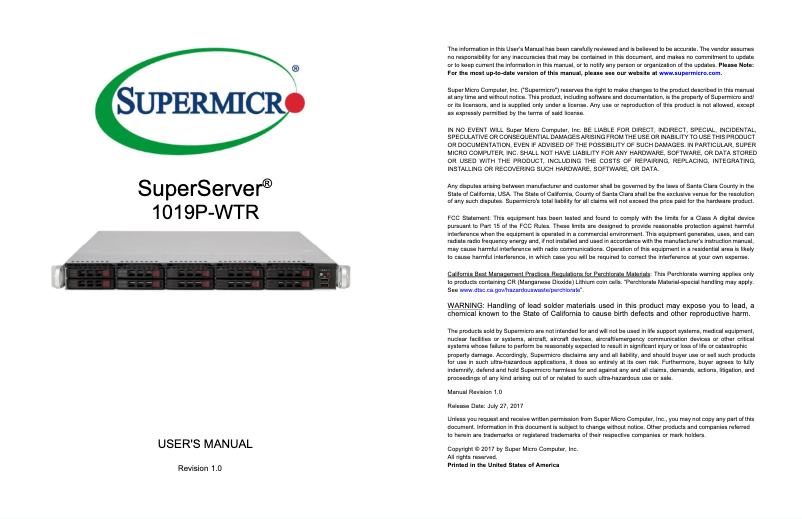 Page 1 de la notice Manuel utilisateur Supermicro SuperServer 1019P-WTR