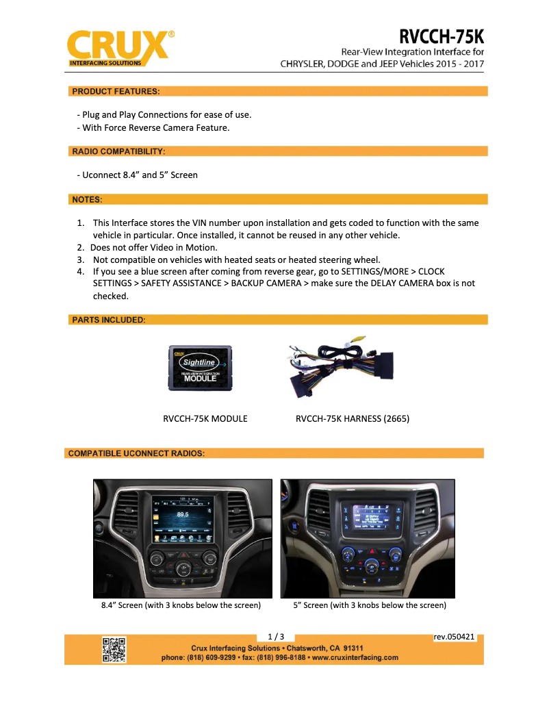 Page n°1 - Manuel utilisateur CRUX RVCCH-75K