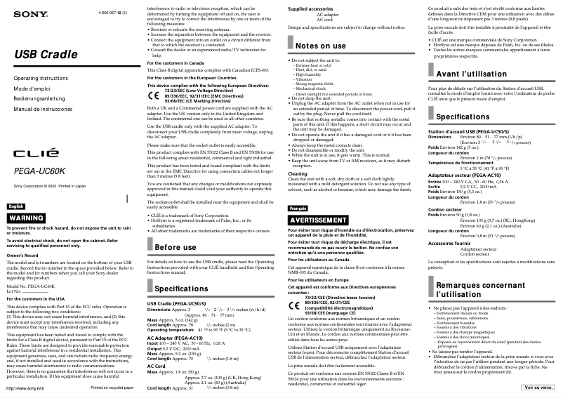 Page 1 de la notice Manuel utilisateur Sony Clié PEGA-UC60K
