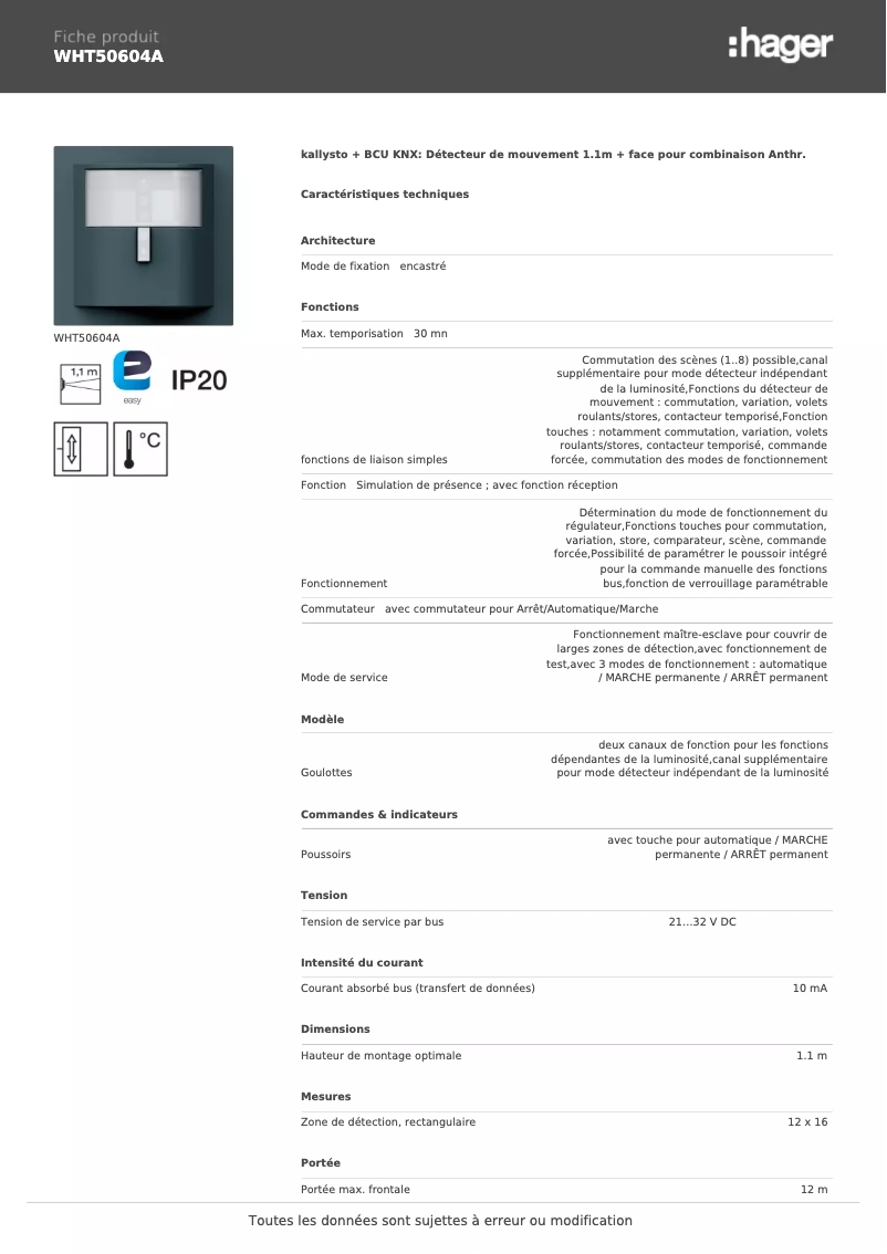 Page 1 de la notice Fiche technique Hager WHT50604A