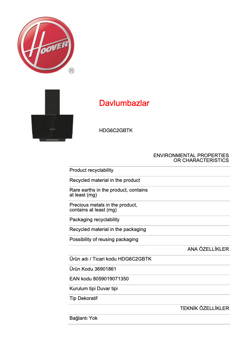Page n°1 - Fiche technique Hoover HDG6C2GBTK