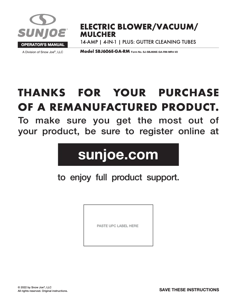 Page n°1 - Manuel utilisateur Sun Joe SBJ606E-GA-RM