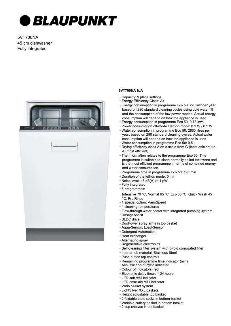 Page 1 de la notice Fiche technique Blaupunkt 5VT 700NA