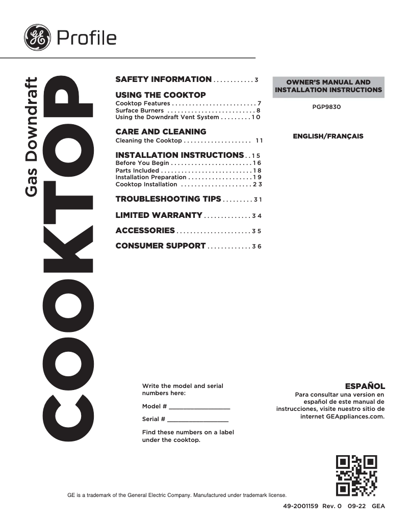 Page n°1 - Guide d'installation GE Profile PGP9830DRBB