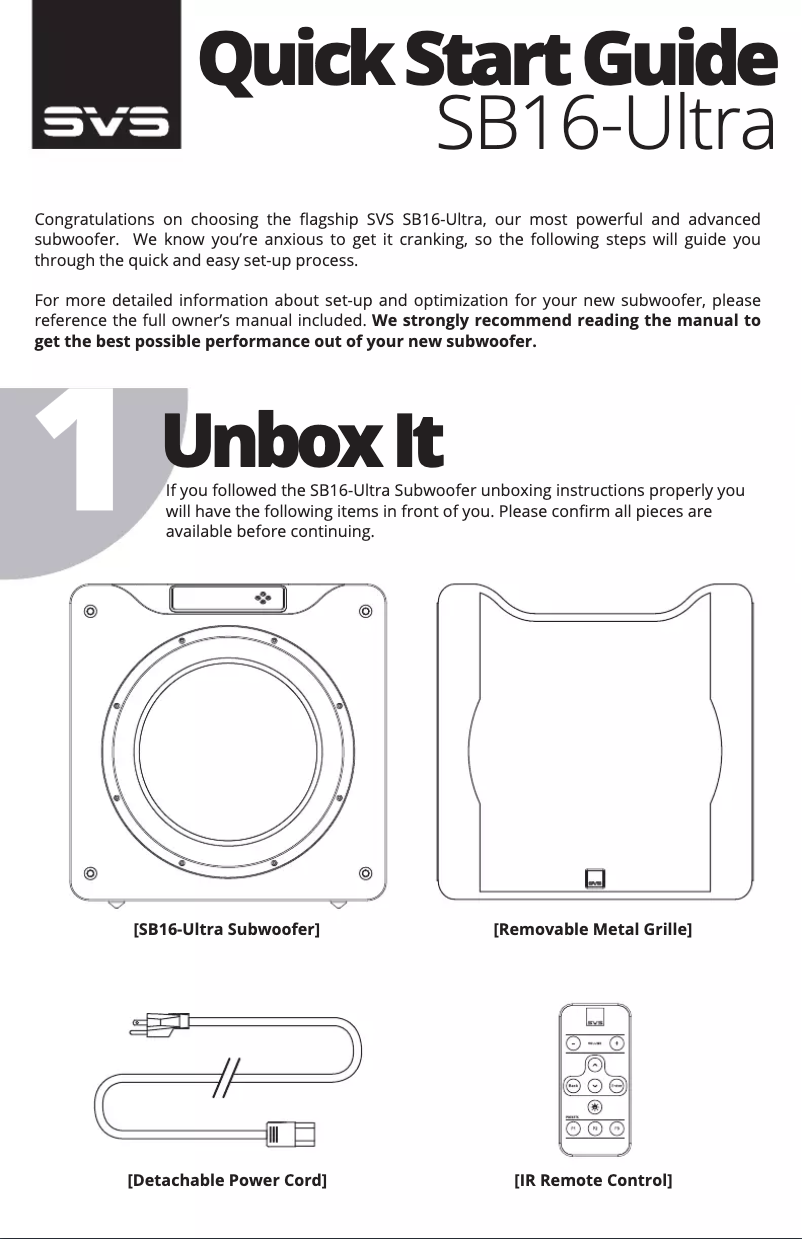 Page 1 of the manual Quick Start Guide SVS SB16-Ultra
