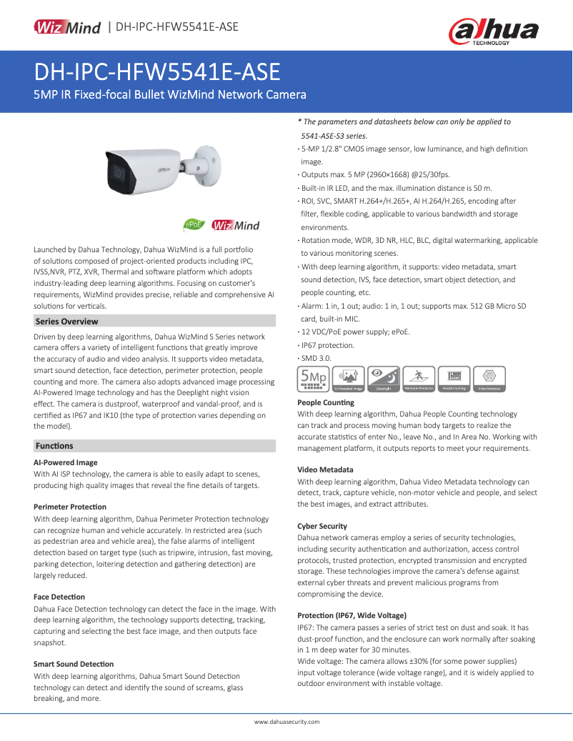 Page 1 de la notice Fiche technique Dahua Technology IPC-HFW5541E-ASE