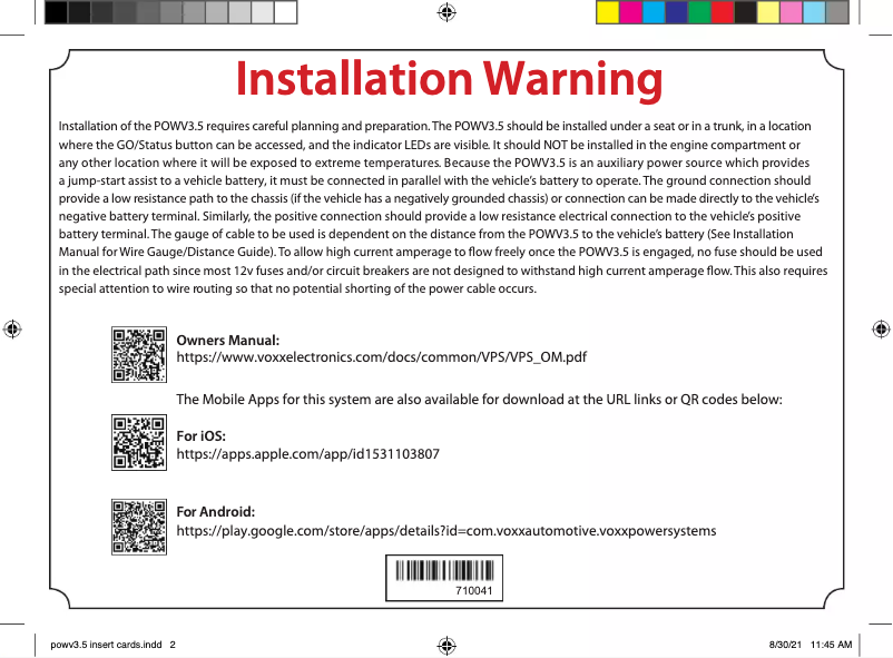 Page 1 de la notice Instructions / montage VOXX POWV3.5