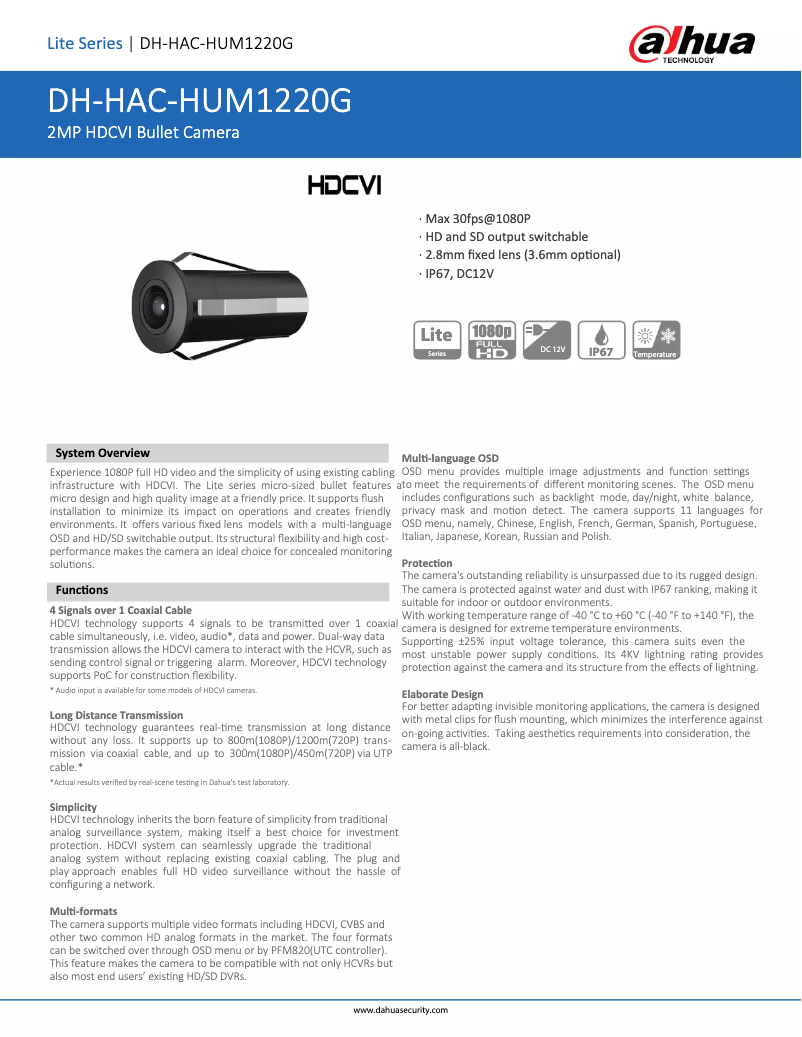 Page 1 de la notice Fiche technique Dahua Technology HAC-HUM1220G