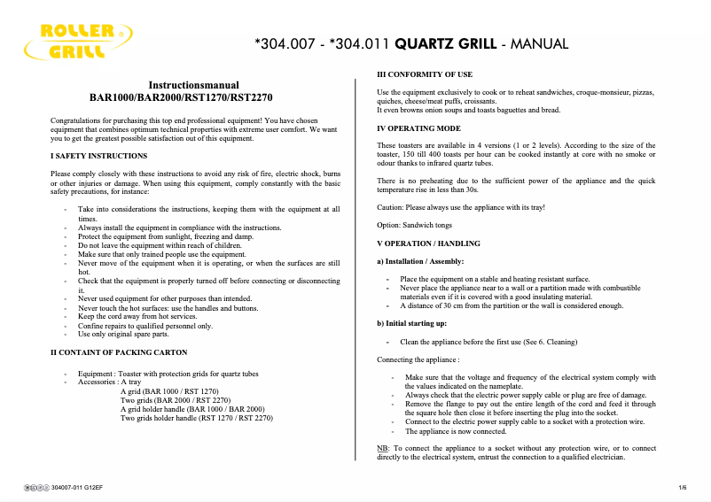 Page 1 de la notice Manuel utilisateur Roller Grill 304007