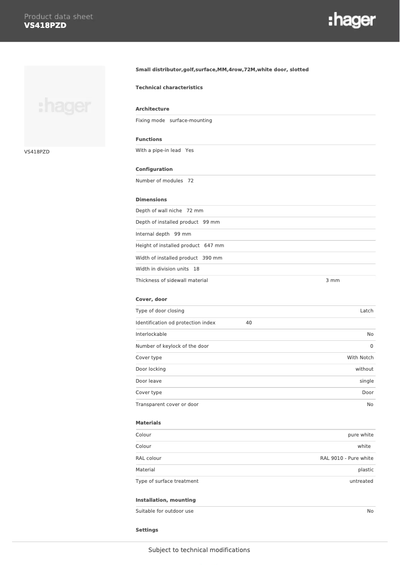 Page n°1 - Manuel utilisateur Hager VS418PZD