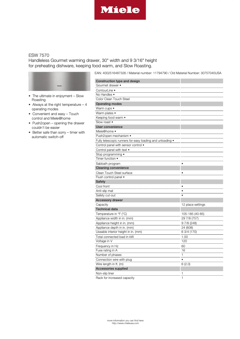 Page 1 de la notice Fiche technique Miele ESW 7570
