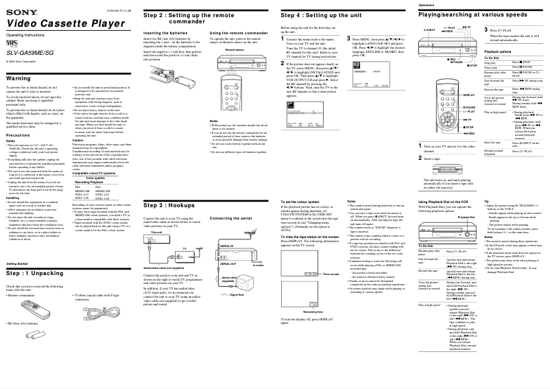 Page 1 de la notice Manuel utilisateur Sony SLV-GA59ME
