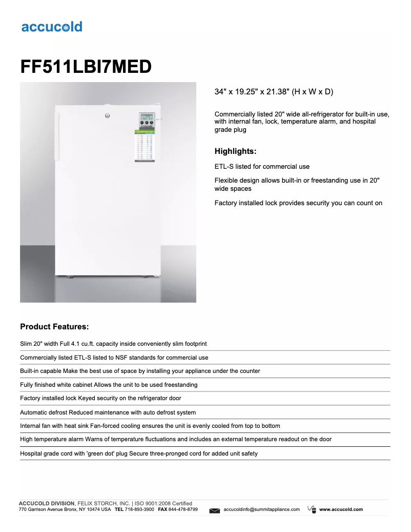 Page 1 de la notice Fiche technique Summit Accucold FF511LBI7MED