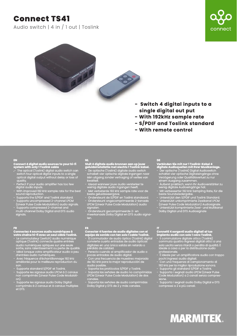 Page 1 de la notice Fiche technique Marmitek Connect TS41