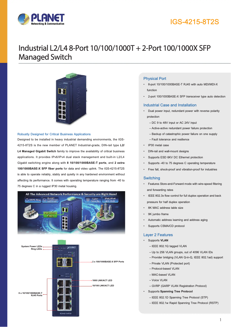 Page 1 de la notice Fiche technique Planet IGS-4215-8T2S