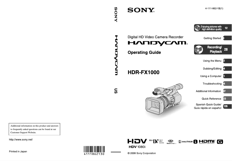 Page 1 de la notice Manuel utilisateur Sony HDR-FX1000