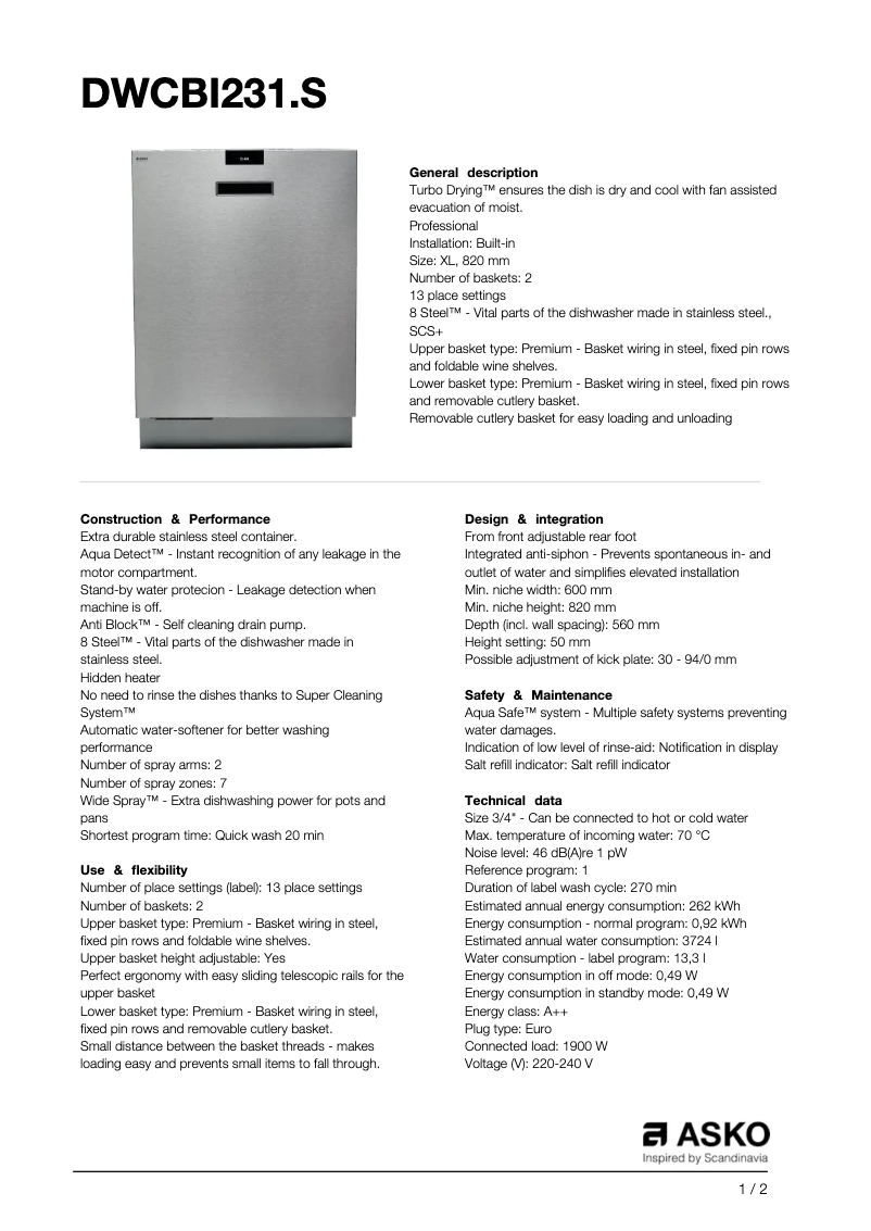 Page 1 de la notice Fiche technique Asko DWCBI231.S