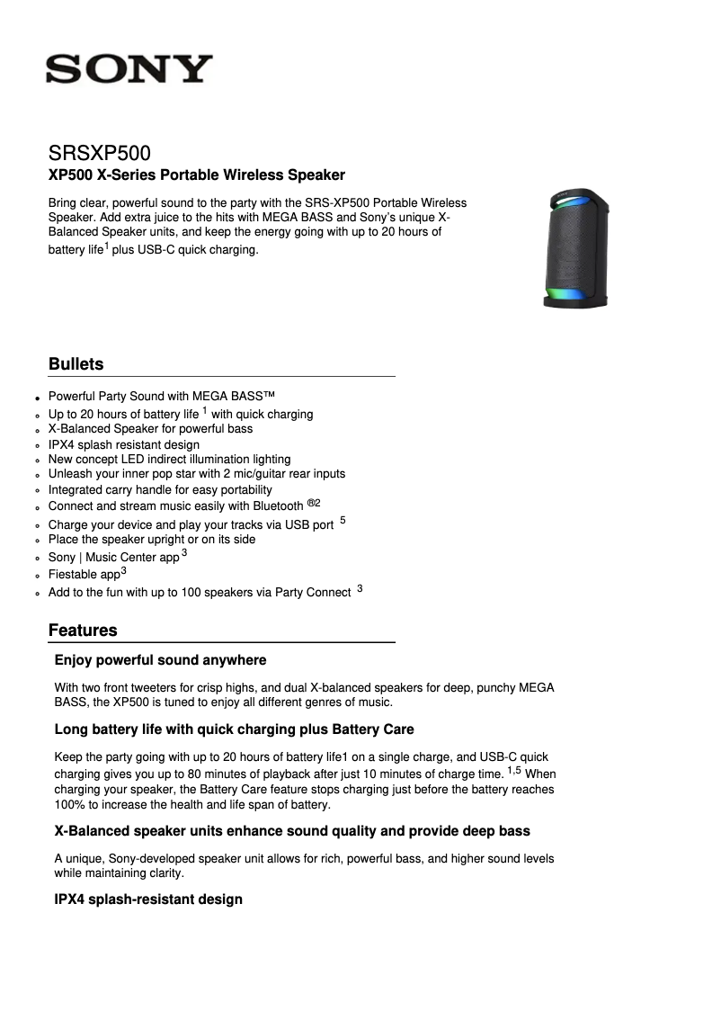 Página 1 del manual Ficha técnica Sony SRS-XP500