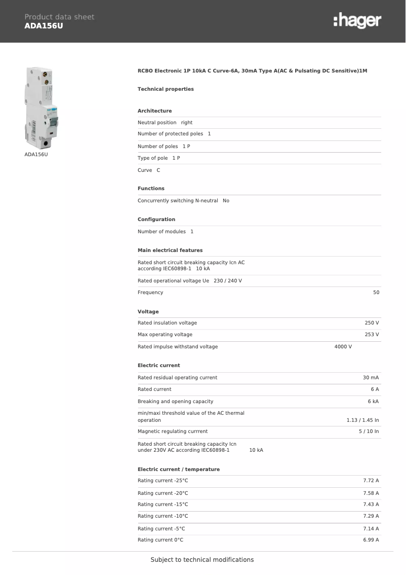 Page n°1 - Fiche technique Hager ADA156U