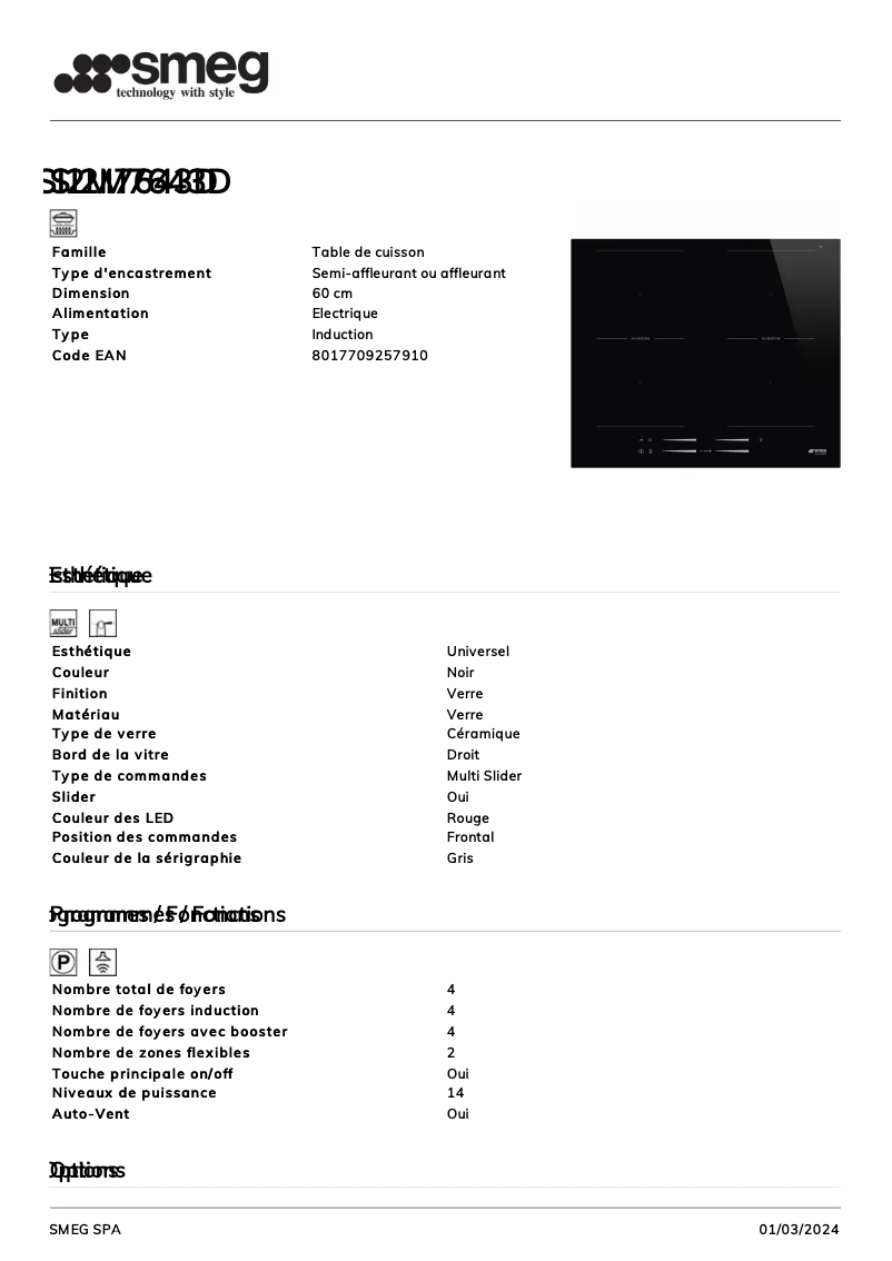 Page n°1 - Fiche technique Smeg SI2M7643D