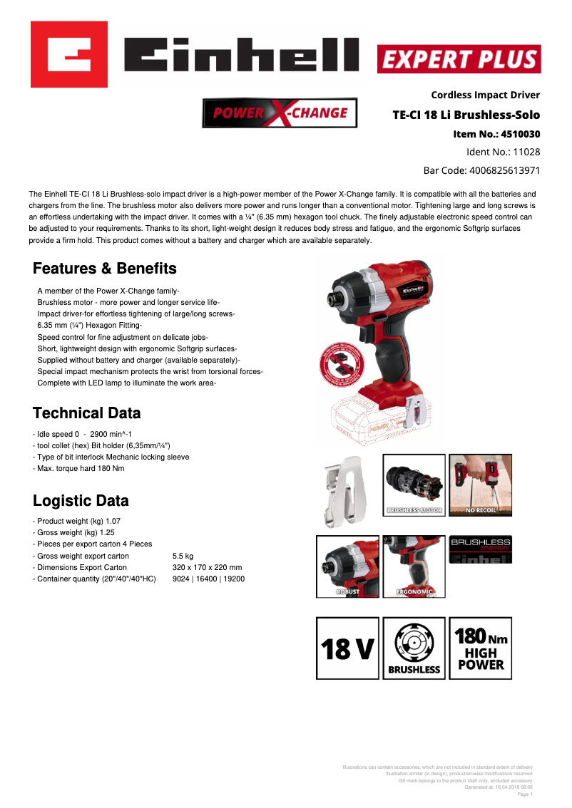 Page 1 de la notice Fiche technique Einhell TE-CI 18 Li BL-Solo