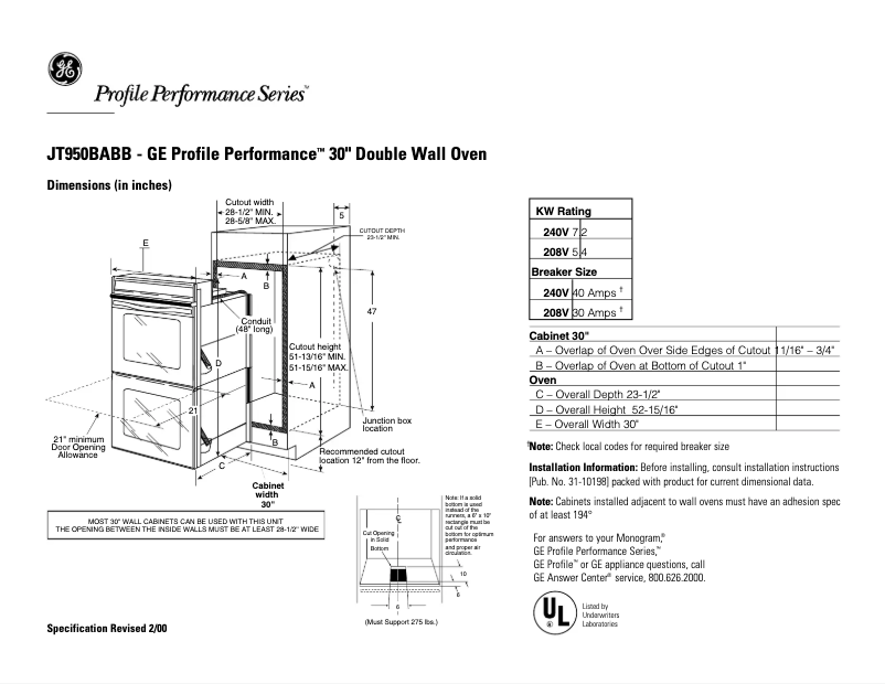 Page n°1 - Fiche technique GE Profile Performance JT950BABB