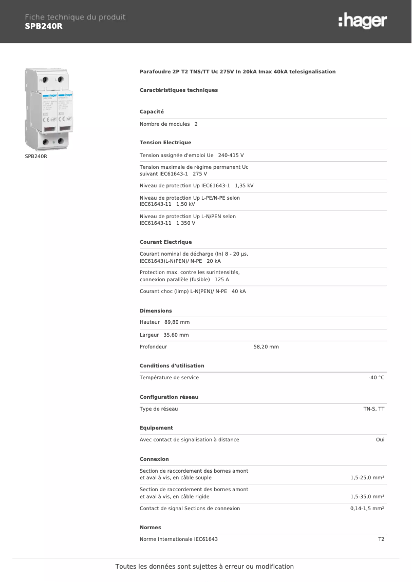 Page 1 de la notice Fiche technique Hager SPB240R
