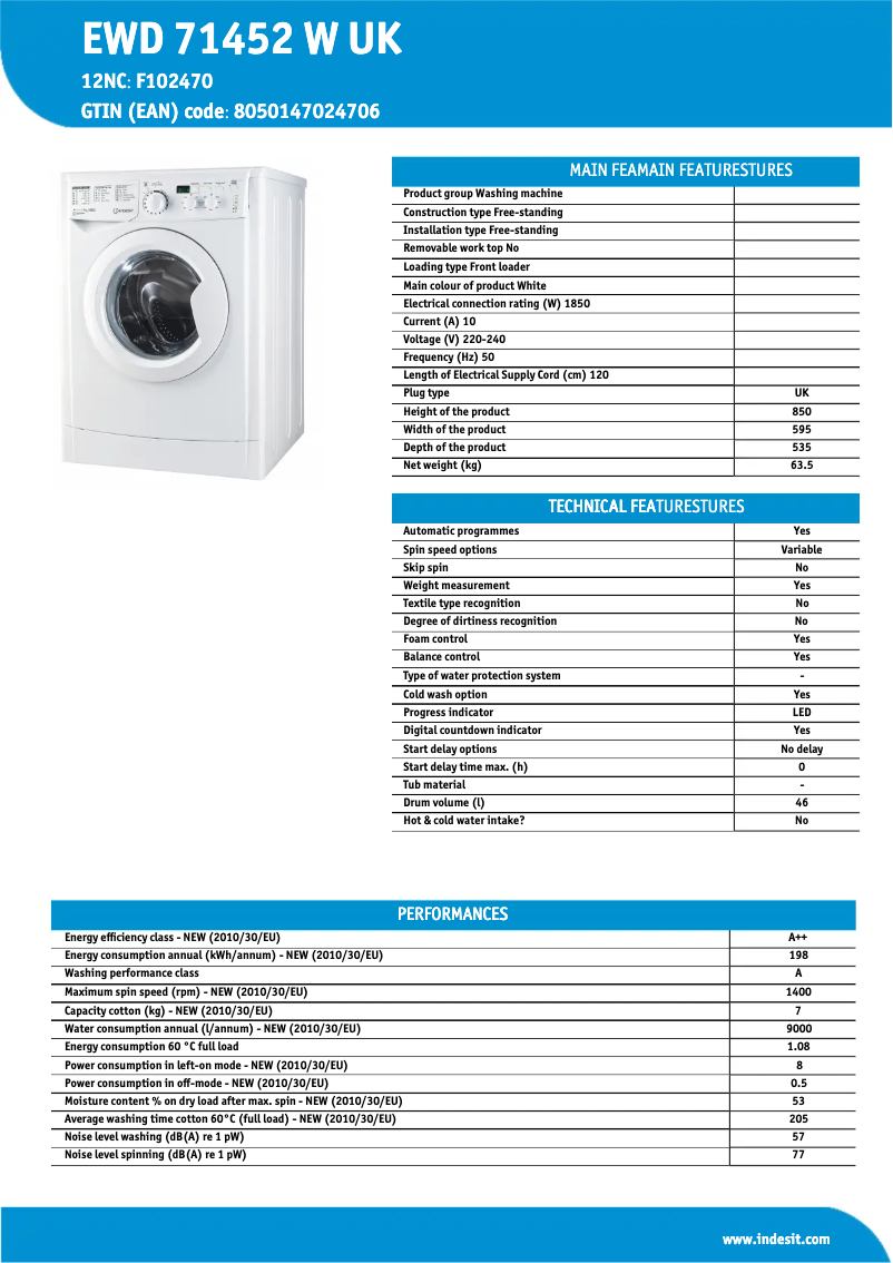 Page n°1 - Fiche technique Indesit EWD 71452 W UK