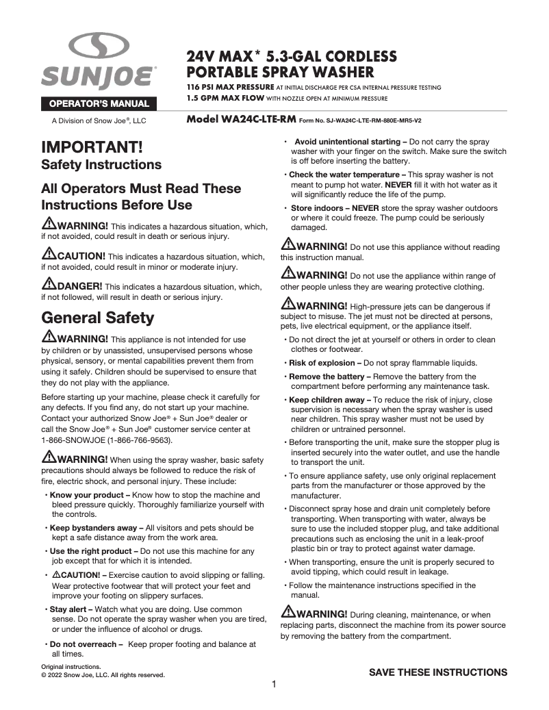 Page 1 de la notice Manuel utilisateur Sun Joe WA24C-LTE-RM