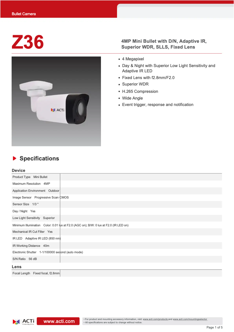 Page 1 de la notice Fiche technique ACTi Z36