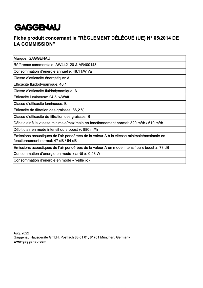Page 1 de la notice Fiche technique Gaggenau AW442120