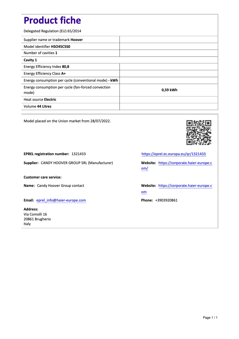 Page 1 de la notice Fiche technique Hoover HSO45C5M0