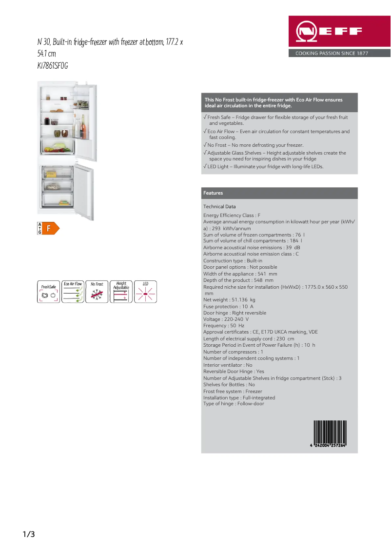 Page 1 de la notice Fiche technique Neff KI7861SF0G