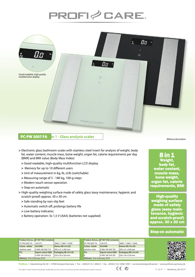 Page 1 de la notice Fiche technique ProfiCare PC-PW 3007