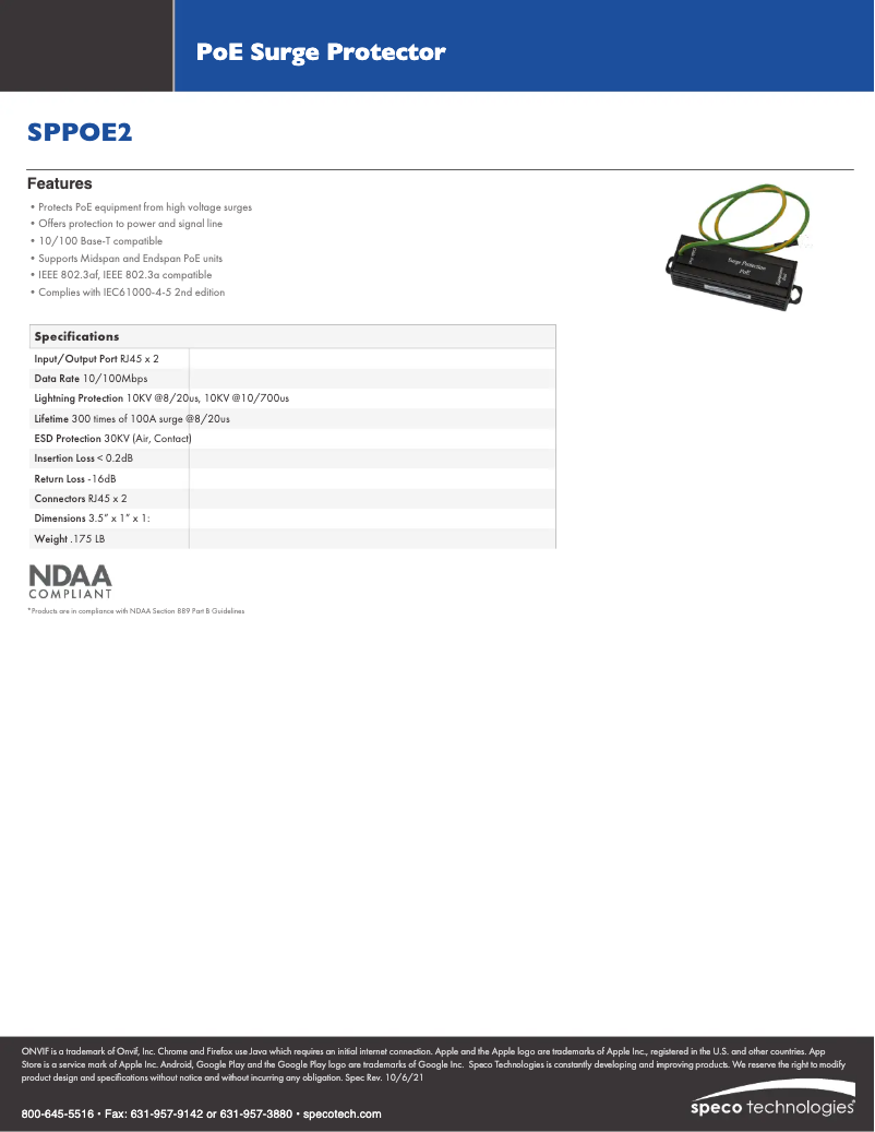 Page 1 de la notice Fiche technique Speco Technologies SPPOE2