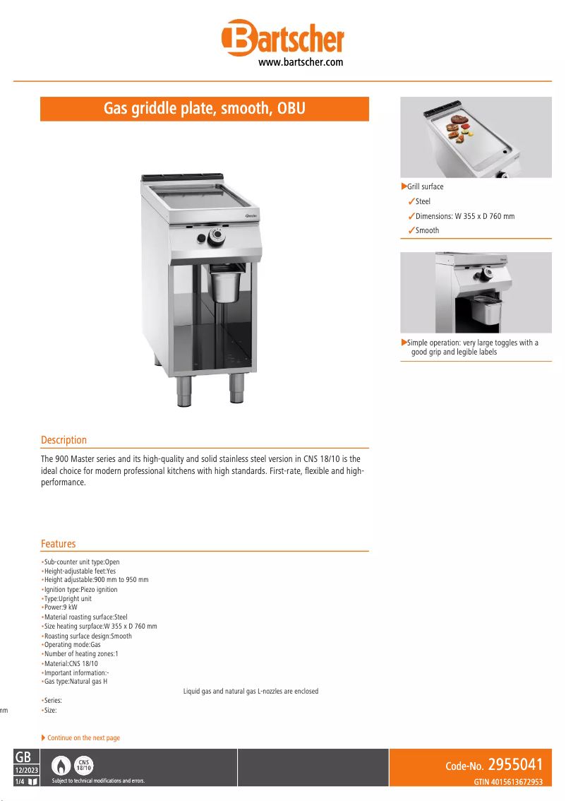 Page 1 de la notice Fiche technique Bartscher 2955041