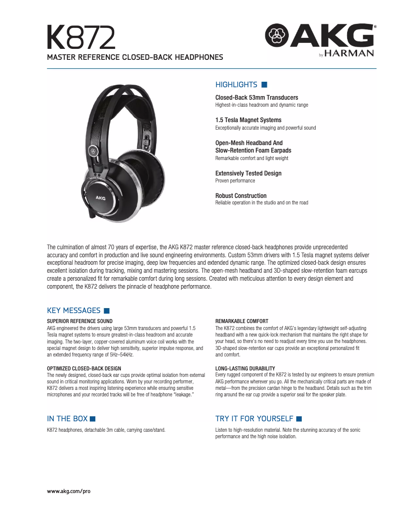 Page 1 de la notice Fiche technique AKG K872