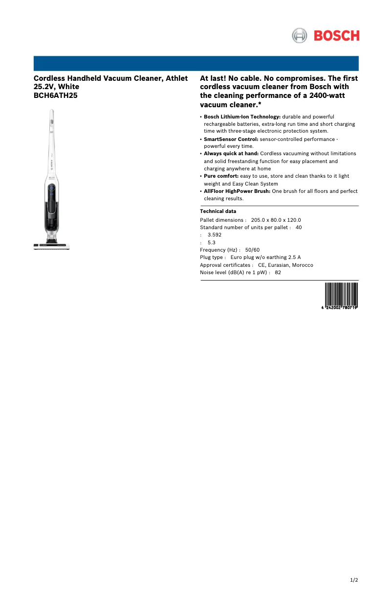 Page 1 de la notice Fiche technique Bosch Athlet BCH6ATH25