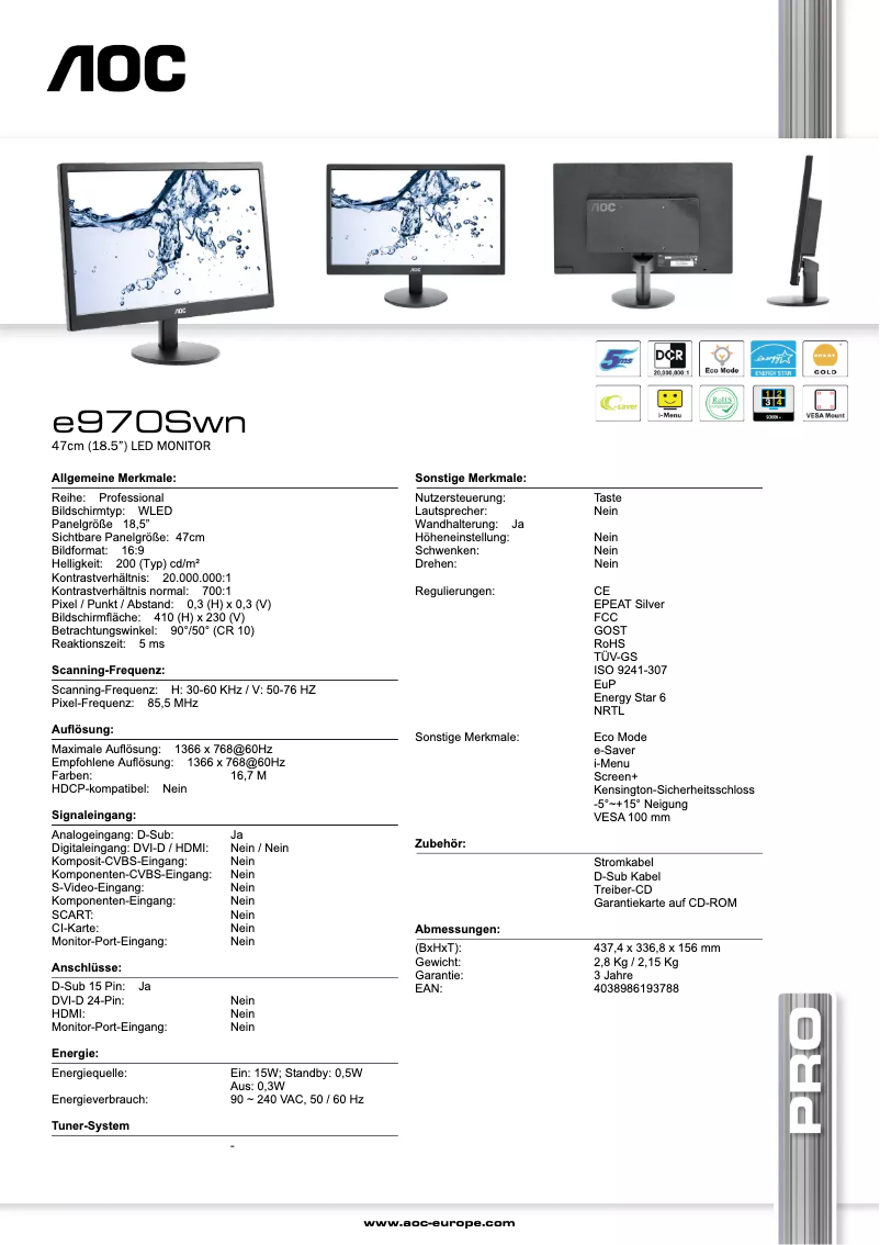 Page n°1 - Fiche technique AOC E970SWN