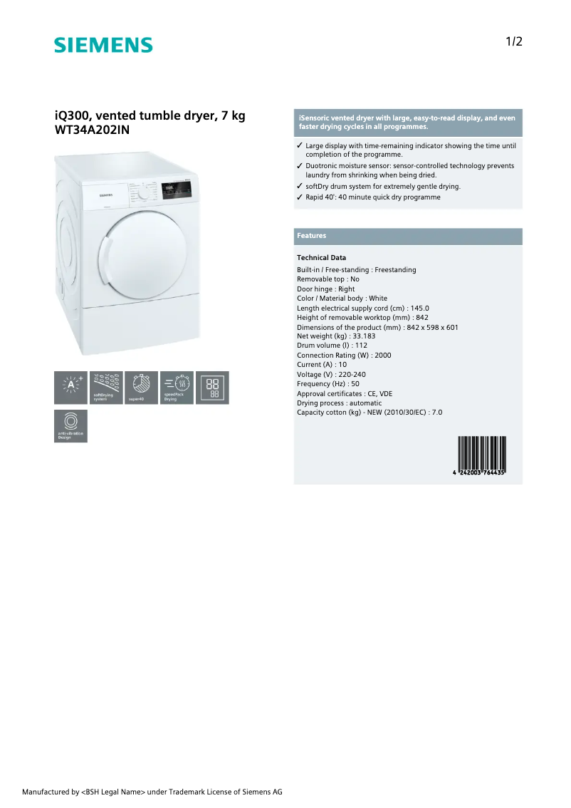 Page 1 de la notice Fiche technique Siemens WT34A202IN