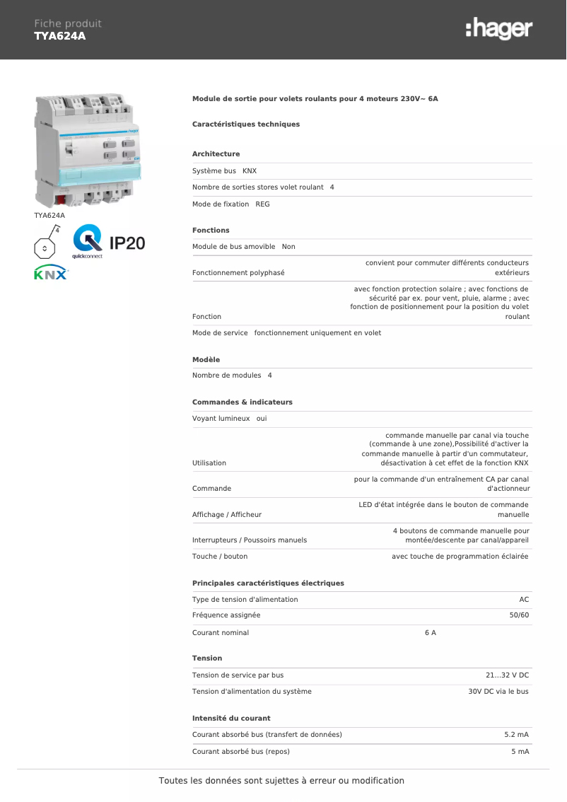Page n°1 - Fiche technique Hager TYA624A