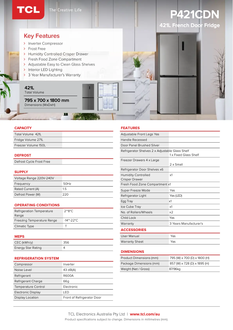 Page n°1 - Fiche technique TCL P421CDN