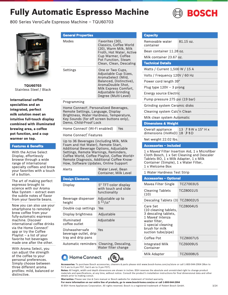 Page 1 de la notice Fiche technique Bosch TQU60703