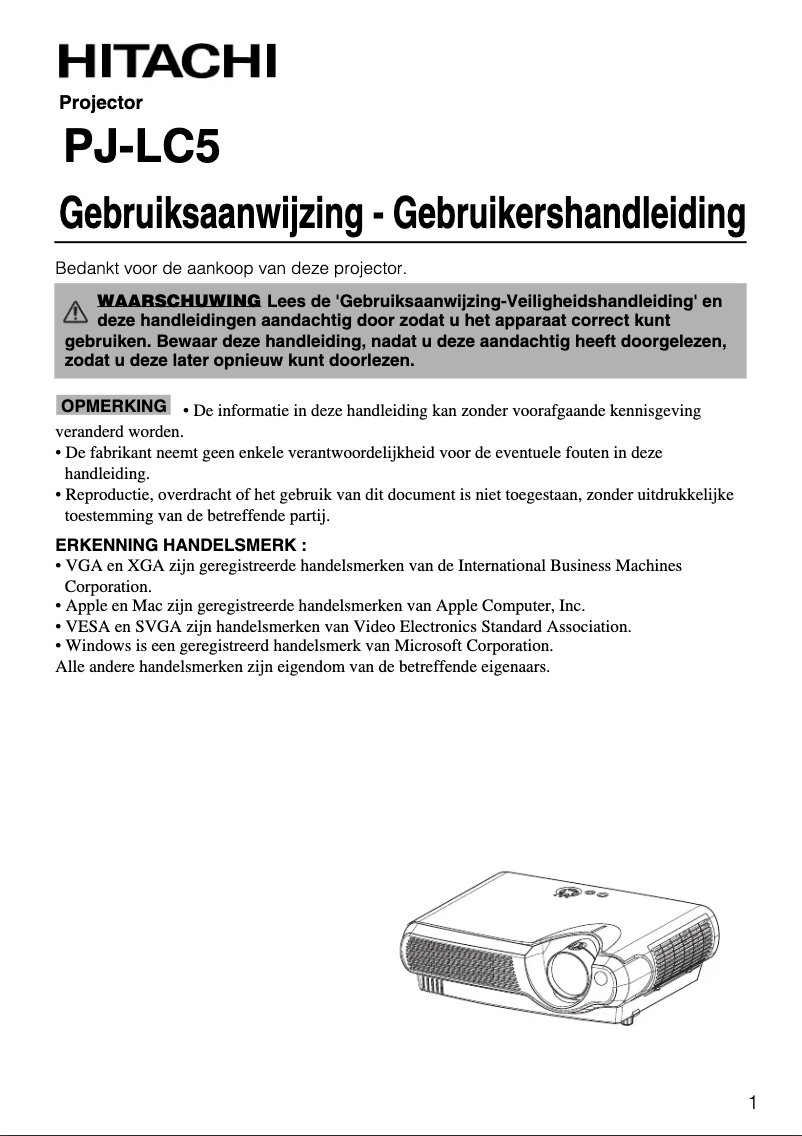 Page 1 de la notice Manuel utilisateur Hitachi PJ-LC5