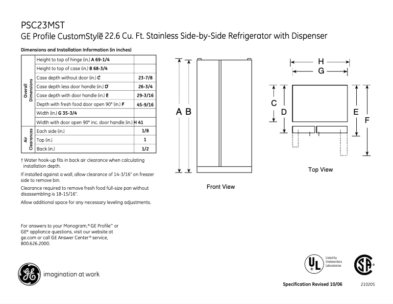 Page 1 de la notice Fiche technique GE PSC23MSTSS