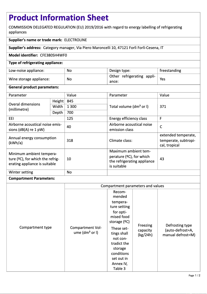 Page 1 de la notice Manuel utilisateur Electroline CFE380SH4WF0