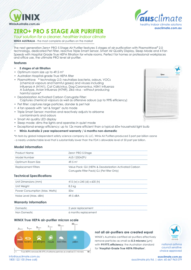 Página 1 del manual Ficha técnica Winix Zero+